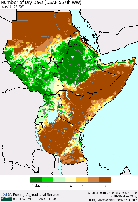 Eastern Africa Number of Dry Days (USAF 557th WW) Thematic Map For 8/16/2021 - 8/22/2021