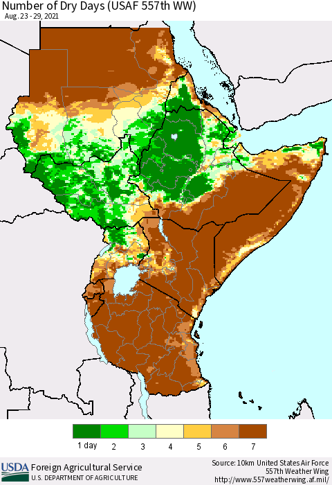 Eastern Africa Number of Dry Days (USAF 557th WW) Thematic Map For 8/23/2021 - 8/29/2021