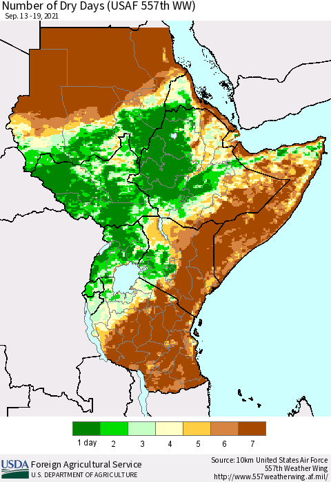 Eastern Africa Number of Dry Days (USAF 557th WW) Thematic Map For 9/13/2021 - 9/19/2021