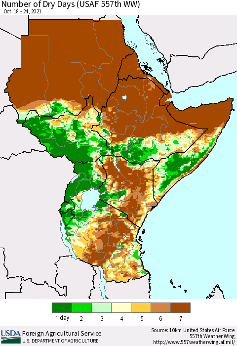 Eastern Africa Number of Dry Days (USAF 557th WW) Thematic Map For 10/18/2021 - 10/24/2021