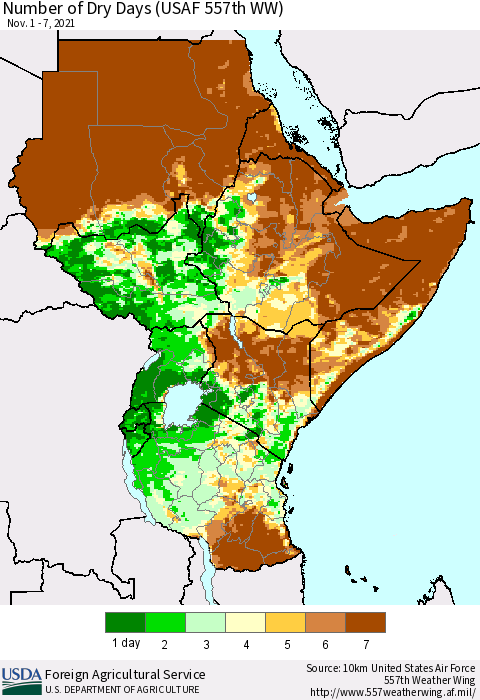 Eastern Africa Number of Dry Days (USAF 557th WW) Thematic Map For 11/1/2021 - 11/7/2021