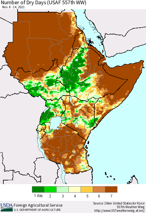 Eastern Africa Number of Dry Days (USAF 557th WW) Thematic Map For 11/8/2021 - 11/14/2021