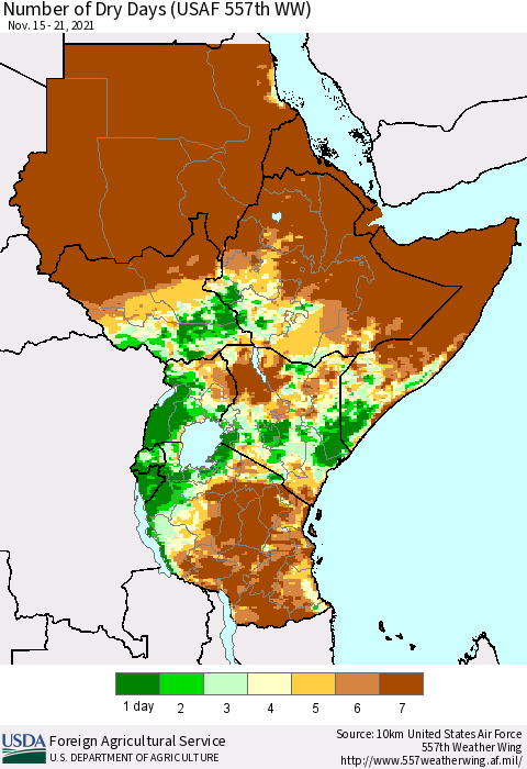 Eastern Africa Number of Dry Days (USAF 557th WW) Thematic Map For 11/15/2021 - 11/21/2021