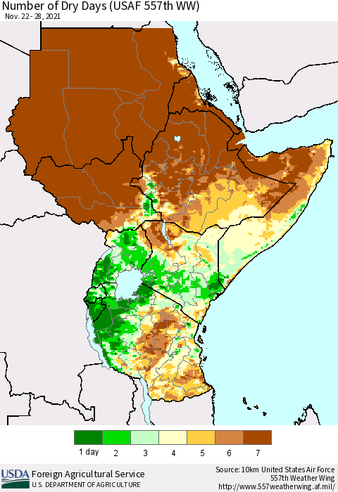Eastern Africa Number of Dry Days (USAF 557th WW) Thematic Map For 11/22/2021 - 11/28/2021