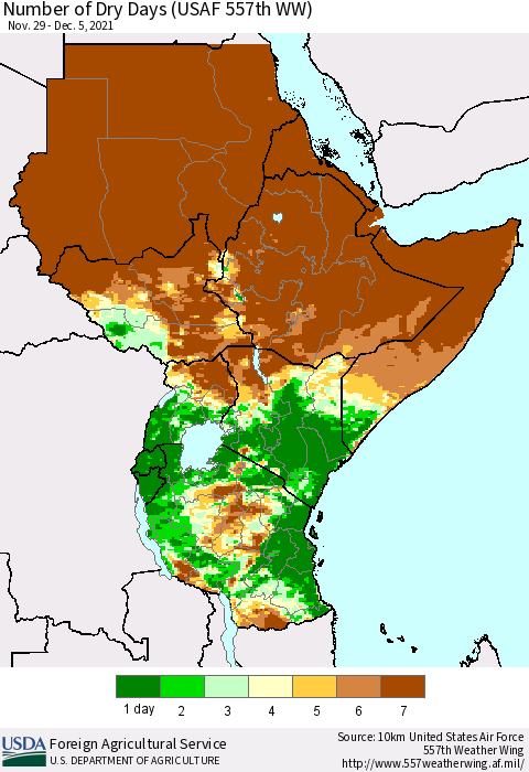 Eastern Africa Number of Dry Days (USAF 557th WW) Thematic Map For 11/29/2021 - 12/5/2021