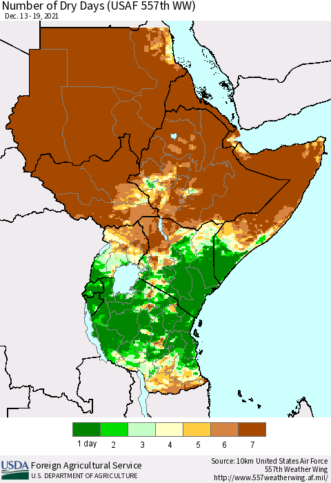 Eastern Africa Number of Dry Days (USAF 557th WW) Thematic Map For 12/13/2021 - 12/19/2021