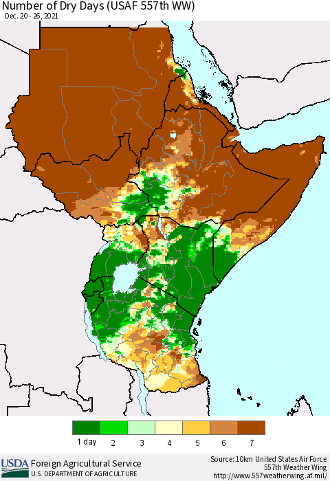 Eastern Africa Number of Dry Days (USAF 557th WW) Thematic Map For 12/20/2021 - 12/26/2021