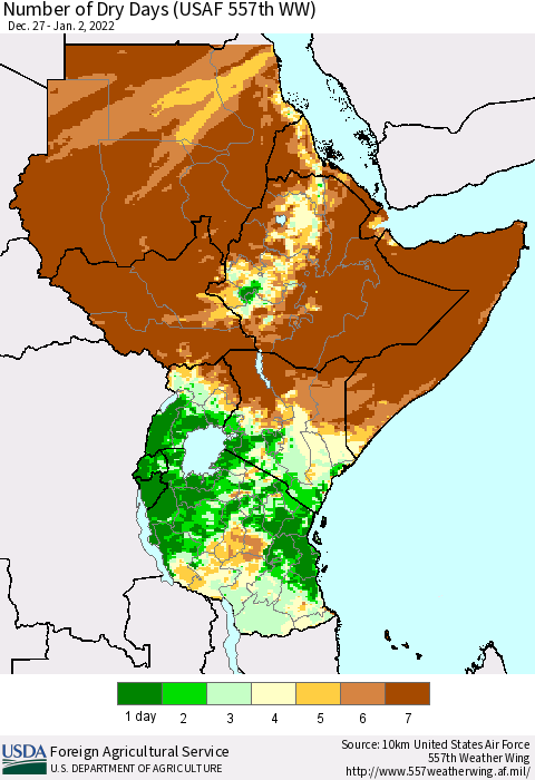 Eastern Africa Number of Dry Days (USAF 557th WW) Thematic Map For 12/27/2021 - 1/2/2022