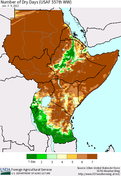 Eastern Africa Number of Dry Days (USAF 557th WW) Thematic Map For 1/3/2022 - 1/9/2022