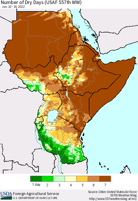 Eastern Africa Number of Dry Days (USAF 557th WW) Thematic Map For 1/10/2022 - 1/16/2022