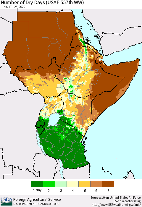 Eastern Africa Number of Dry Days (USAF 557th WW) Thematic Map For 1/17/2022 - 1/23/2022