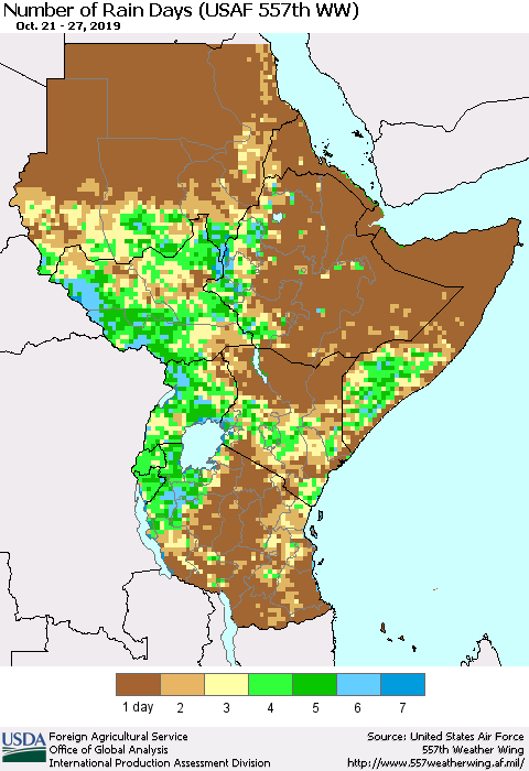 Eastern Africa Number of Rain Days (USAF 557th WW) Thematic Map For 10/21/2019 - 10/27/2019