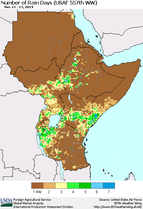 Eastern Africa Number of Rain Days (USAF 557th WW) Thematic Map For 11/11/2019 - 11/17/2019