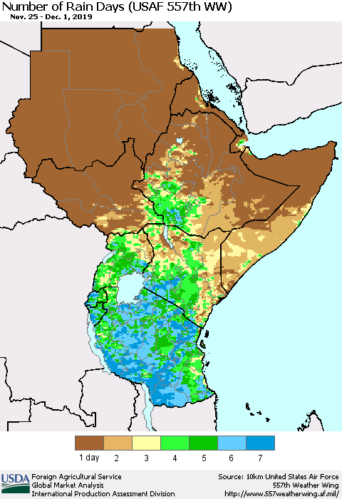 Eastern Africa Number of Rain Days (USAF 557th WW) Thematic Map For 11/25/2019 - 12/1/2019