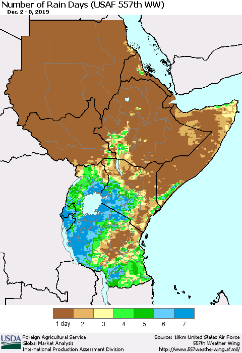 Eastern Africa Number of Rain Days (USAF 557th WW) Thematic Map For 12/2/2019 - 12/8/2019