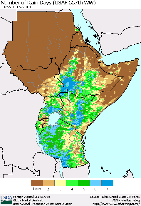 Eastern Africa Number of Rain Days (USAF 557th WW) Thematic Map For 12/9/2019 - 12/15/2019