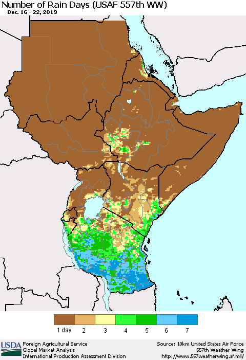Eastern Africa Number of Rain Days (USAF 557th WW) Thematic Map For 12/16/2019 - 12/22/2019