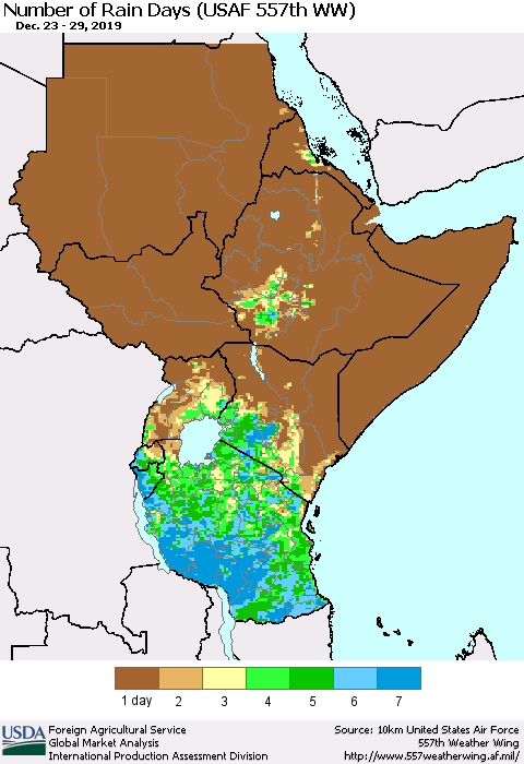 Eastern Africa Number of Rain Days (USAF 557th WW) Thematic Map For 12/23/2019 - 12/29/2019