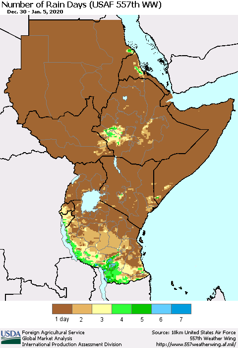 Eastern Africa Number of Rain Days (USAF 557th WW) Thematic Map For 12/30/2019 - 1/5/2020