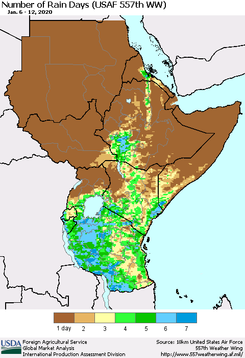 Eastern Africa Number of Rain Days (USAF 557th WW) Thematic Map For 1/6/2020 - 1/12/2020