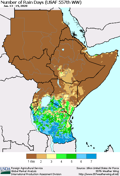 Eastern Africa Number of Rain Days (USAF 557th WW) Thematic Map For 1/13/2020 - 1/19/2020