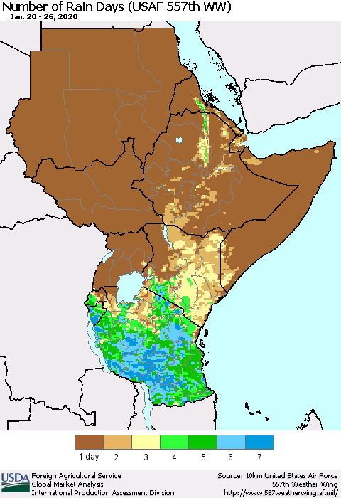 Eastern Africa Number of Rain Days (USAF 557th WW) Thematic Map For 1/20/2020 - 1/26/2020