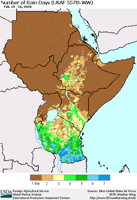 Eastern Africa Number of Rain Days (USAF 557th WW) Thematic Map For 2/10/2020 - 2/16/2020