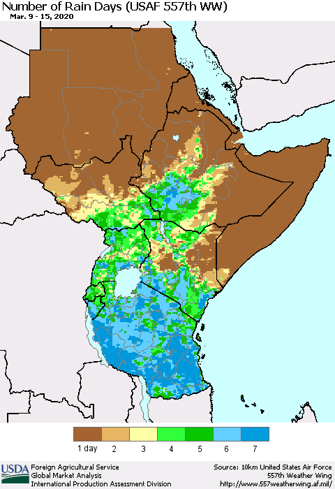 Eastern Africa Number of Rain Days (USAF 557th WW) Thematic Map For 3/9/2020 - 3/15/2020