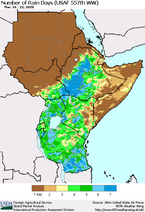 Eastern Africa Number of Rain Days (USAF 557th WW) Thematic Map For 3/16/2020 - 3/22/2020