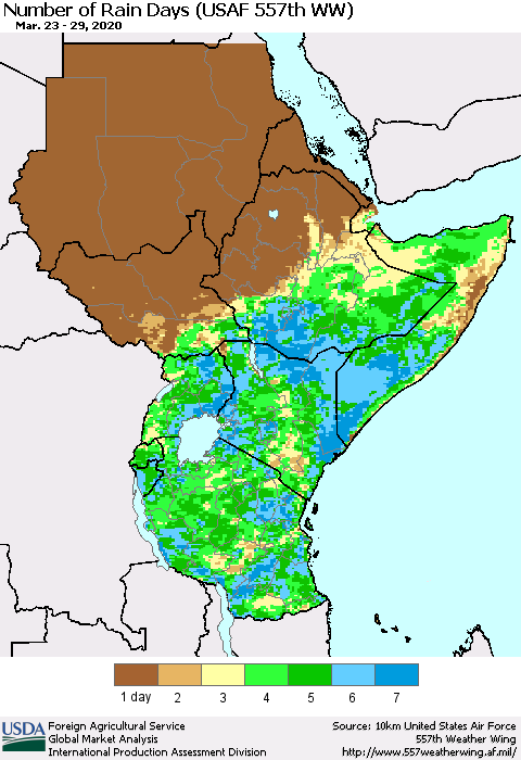 Eastern Africa Number of Rain Days (USAF 557th WW) Thematic Map For 3/23/2020 - 3/29/2020