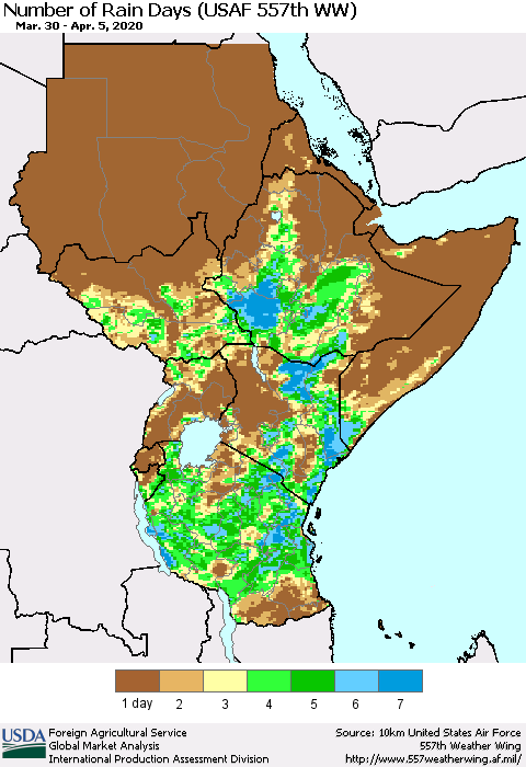 Eastern Africa Number of Rain Days (USAF 557th WW) Thematic Map For 3/30/2020 - 4/5/2020