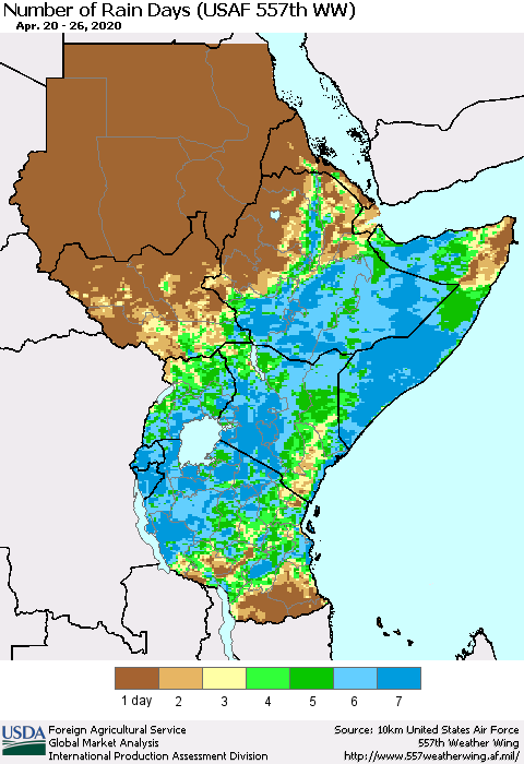 Eastern Africa Number of Rain Days (USAF 557th WW) Thematic Map For 4/20/2020 - 4/26/2020