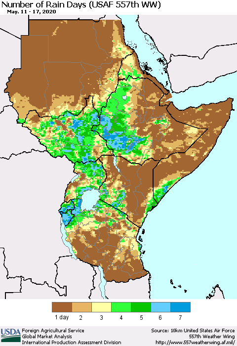 Eastern Africa Number of Rain Days (USAF 557th WW) Thematic Map For 5/11/2020 - 5/17/2020