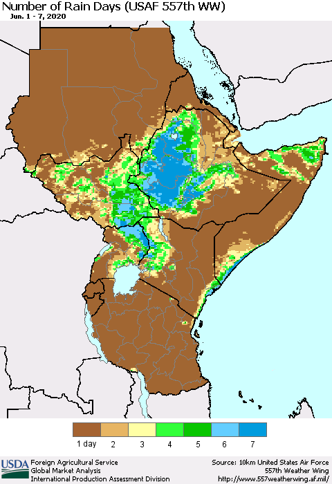 Eastern Africa Number of Rain Days (USAF 557th WW) Thematic Map For 6/1/2020 - 6/7/2020