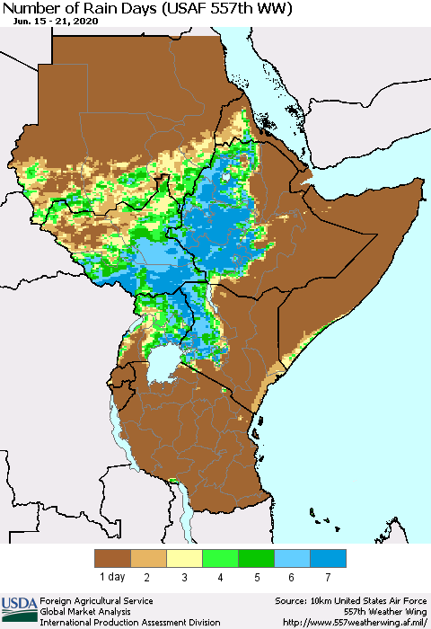 Eastern Africa Number of Rain Days (USAF 557th WW) Thematic Map For 6/15/2020 - 6/21/2020