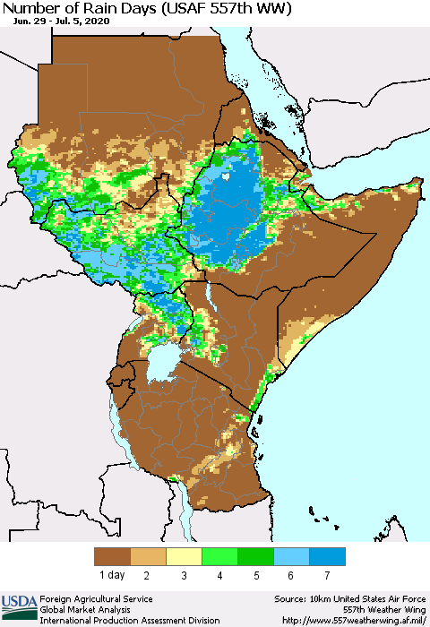 Eastern Africa Number of Rain Days (USAF 557th WW) Thematic Map For 6/29/2020 - 7/5/2020