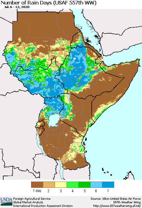 Eastern Africa Number of Rain Days (USAF 557th WW) Thematic Map For 7/6/2020 - 7/12/2020