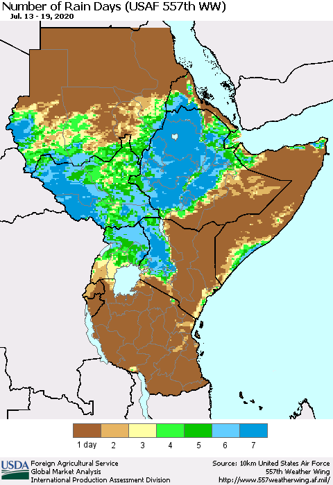 Eastern Africa Number of Rain Days (USAF 557th WW) Thematic Map For 7/13/2020 - 7/19/2020