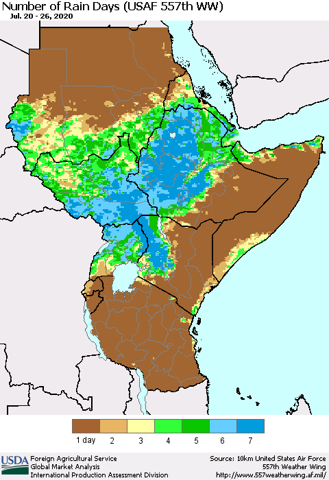 Eastern Africa Number of Rain Days (USAF 557th WW) Thematic Map For 7/20/2020 - 7/26/2020