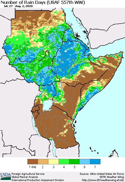 Eastern Africa Number of Rain Days (USAF 557th WW) Thematic Map For 7/27/2020 - 8/2/2020