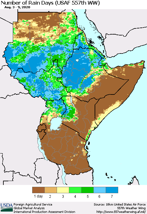 Eastern Africa Number of Rain Days (USAF 557th WW) Thematic Map For 8/3/2020 - 8/9/2020