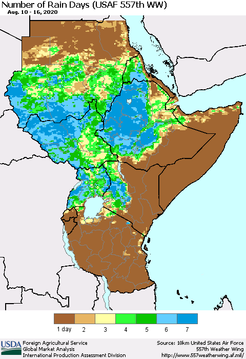 Eastern Africa Number of Rain Days (USAF 557th WW) Thematic Map For 8/10/2020 - 8/16/2020