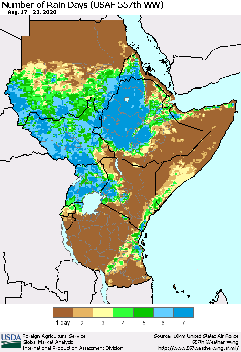 Eastern Africa Number of Rain Days (USAF 557th WW) Thematic Map For 8/17/2020 - 8/23/2020
