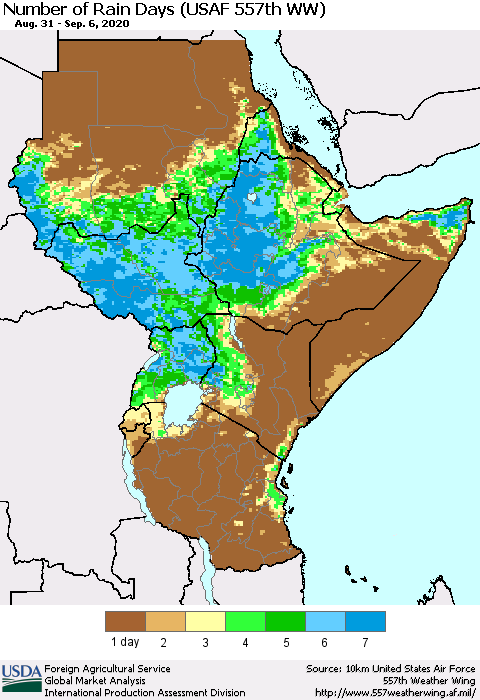 Eastern Africa Number of Rain Days (USAF 557th WW) Thematic Map For 8/31/2020 - 9/6/2020