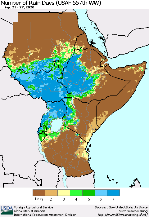 Eastern Africa Number of Rain Days (USAF 557th WW) Thematic Map For 9/21/2020 - 9/27/2020