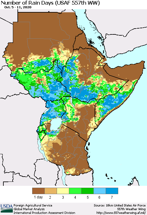 Eastern Africa Number of Rain Days (USAF 557th WW) Thematic Map For 10/5/2020 - 10/11/2020