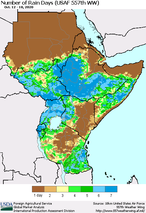 Eastern Africa Number of Rain Days (USAF 557th WW) Thematic Map For 10/12/2020 - 10/18/2020