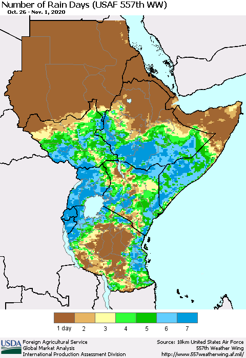 Eastern Africa Number of Rain Days (USAF 557th WW) Thematic Map For 10/26/2020 - 11/1/2020