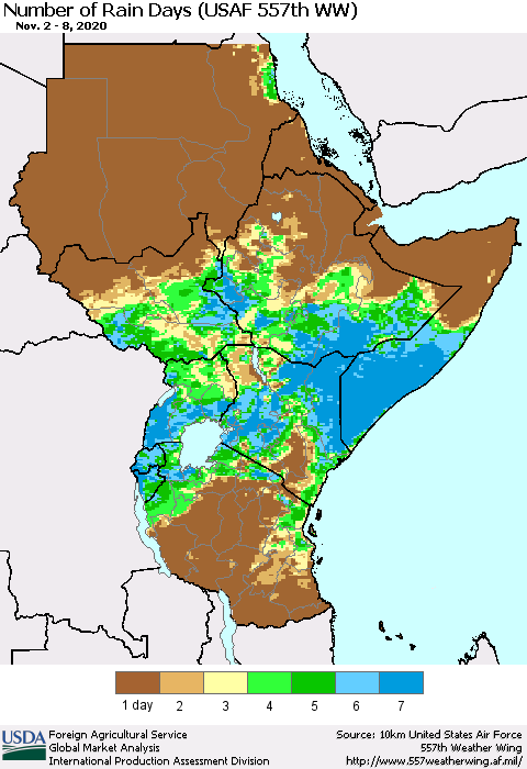 Eastern Africa Number of Rain Days (USAF 557th WW) Thematic Map For 11/2/2020 - 11/8/2020