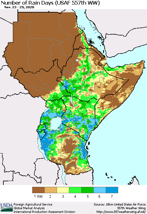 Eastern Africa Number of Rain Days (USAF 557th WW) Thematic Map For 11/23/2020 - 11/29/2020